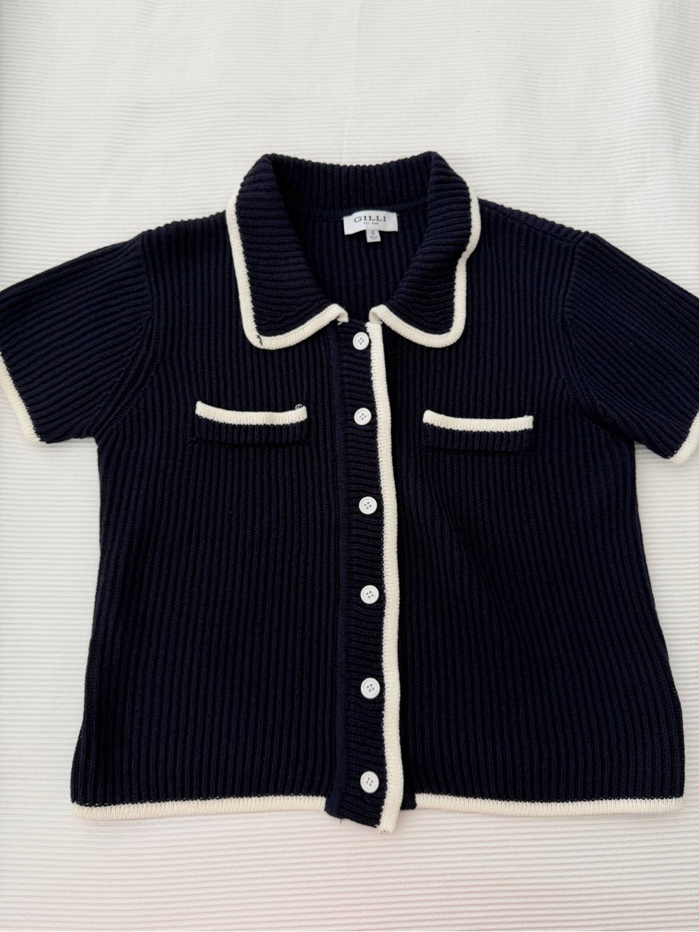Navy Short-Sleeve Knit Polo with Cream Trim